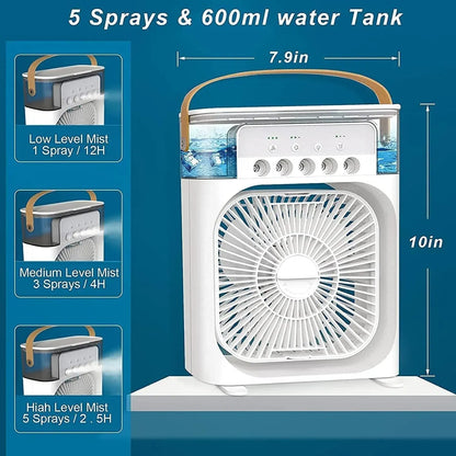 4-in-1 Portable Mist Air Cooler Fan – 600ml USB Type-C Mini AC Humidifier with LED Light